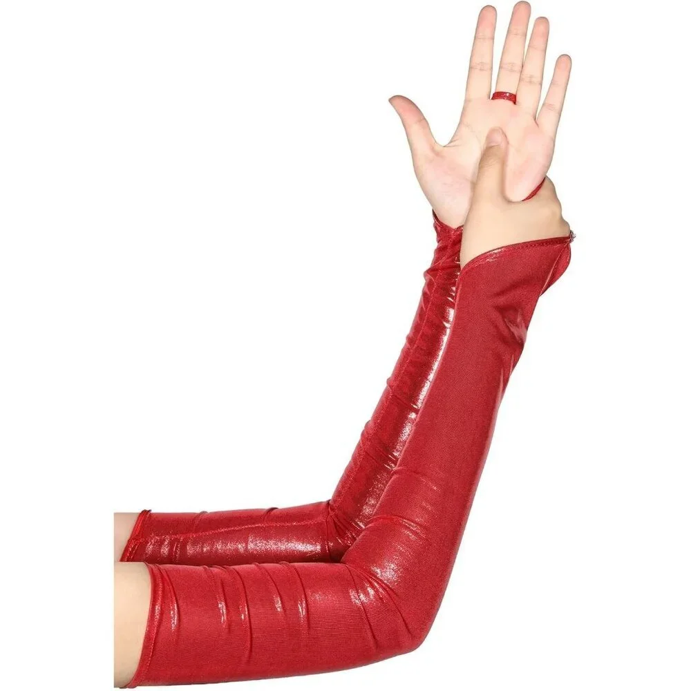 Women's Red Shiny Elastic Satin Rave Fingerless Long Gloves Party Costume